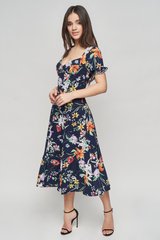 Summer dress Gloria from BYURSE, 46, Blue, Dress fabric, Midi, Spring Summer, Dresses, Cloth, Floral, Dress, 1 kg, Yes, Ukraine, 95% viscose, 5% elastane, Short sleeve, Printed, flared, With a zipper, square neckline, Classical, Dress with full skirt, With a slit