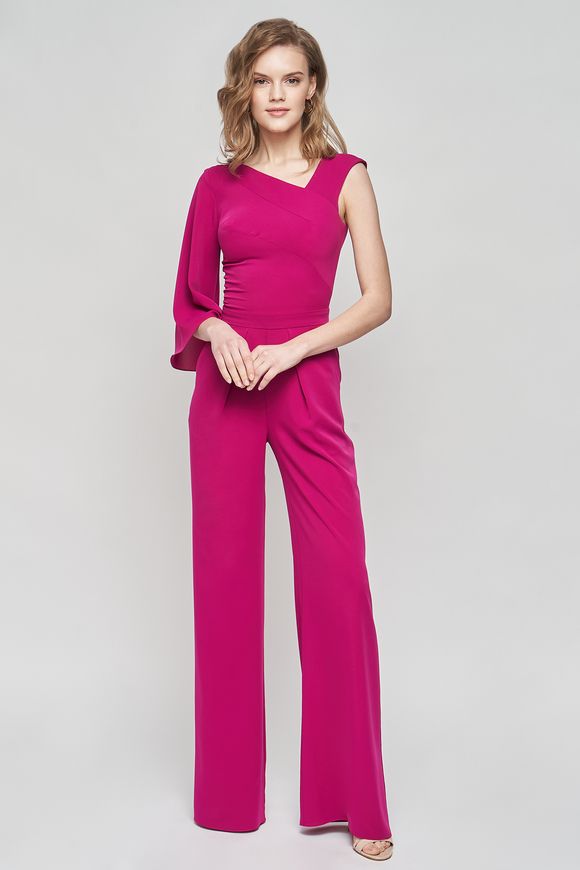 Cocktail jumpsuit fuchsia from BYURSE, Fuchsia, Dress fabric, Midi, Spring Summer, Overalls, Cloth, plain, Overalls, 1 kg, Yes, Ukraine, 95% silk, 5% elastane, 1 sleeve, plain, Fitted, With a zipper, Asymmetrical cut, Evening, jumpsuit pants, With pockets