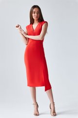 Coral dress - case Dominique from BYURSE, Orange, Crepe, Midi, Spring Summer, Office dress, Cloth, plain, Dress, 1 kg, Yes, Ukraine, 95% viscose, 5% elastane, Sleeveless, plain, tight-fitting, With a zipper, V-neck, Classical, Dresses - case, With a slit