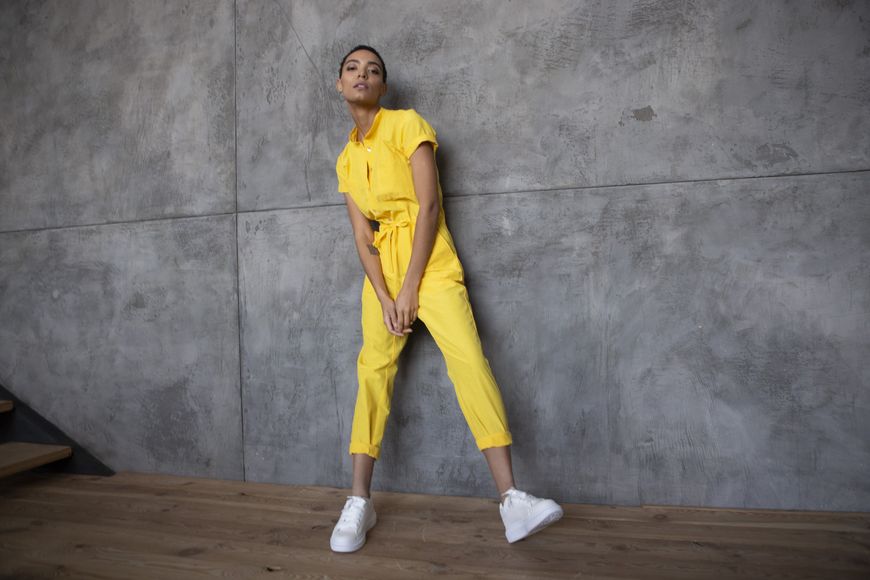 Summer, yellow jumpsuit made of cotton Smart casual from BYURSE, Yellow, Cotton, Maxi, Spring Summer, Overalls, Cloth, plain, Overalls, 1 kg, Yes, Ukraine, 95% cotton, 5% elastan, Short sleeve, plain, oversize, Buttoned, Casual, jumpsuit pants, With pockets
