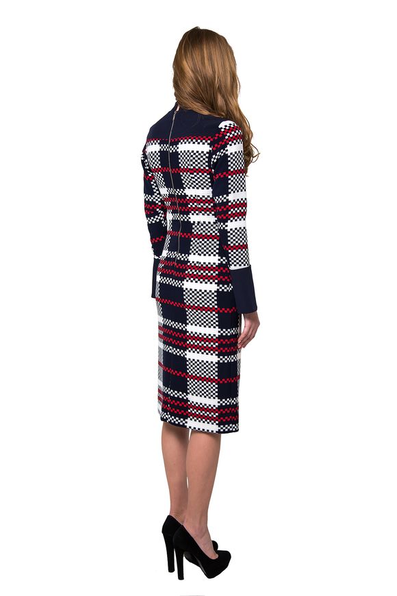 Classic Long Sleeve Dress Heidi  by BYURSE, 44, Blue, Crepe, Midi, Аutumn winter, Office dress, Cloth, Abstract, Dress, 1 kg, Yes, Ukraine, 95% viscose, 5% elastane, Long sleeve, Printed, Fitted, With a zipper, Round neckline, Business, Dresses - case