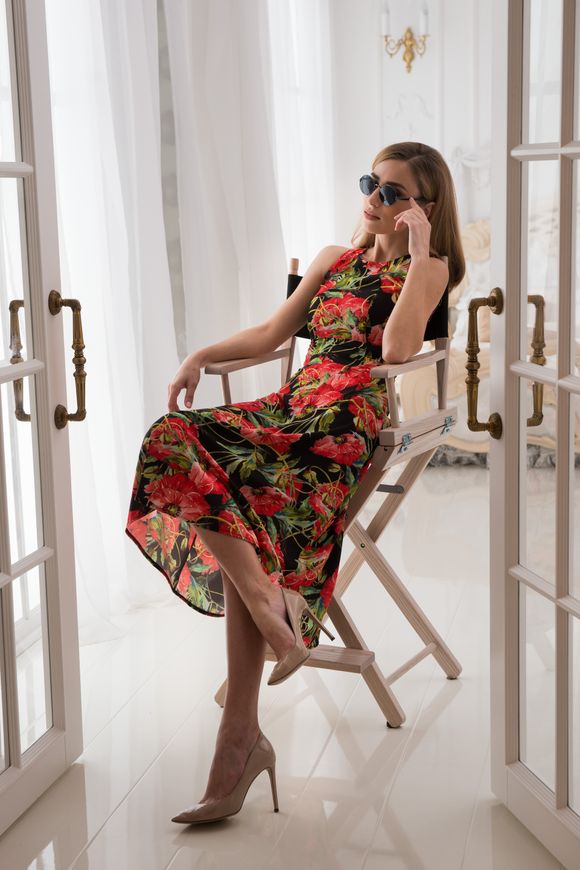 Summer dress Valerie from BYURSE, The black, Dress fabric, Midi, Spring Summer, Dresses, Cloth, Floral, Dress, 1 kg, Yes, Ukraine, 95% viscose, 5% elastane, Sleeveless, Printed, flared, With a zipper, Round neckline, Casual, Dress with full skirt