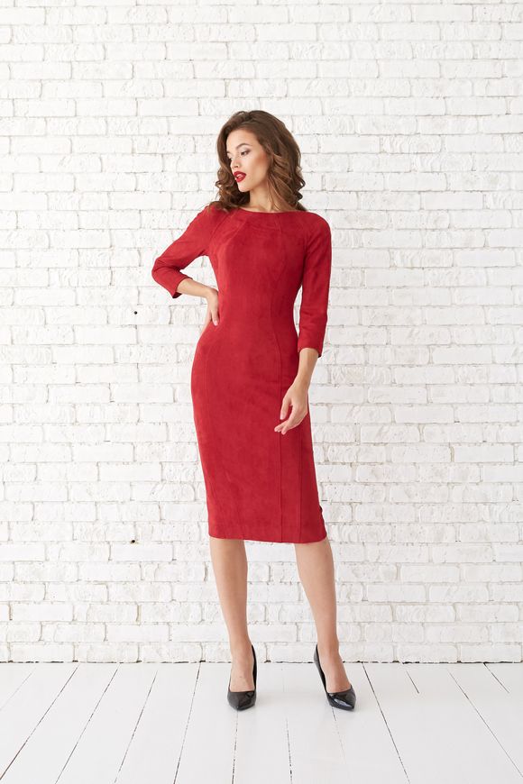 Red suede dress - case Stella BYURSE, Red, Textile suede, Midi, Аutumn winter, Cocktail Dresses, Cloth, plain, Dress, 1 kg, Yes, Ukraine, Текстильный замш, Sleeve 3/4, plain, tight-fitting, With a zipper, Boat neckline, Classical, Dresses - case, With a zipper, Raglan sleeve