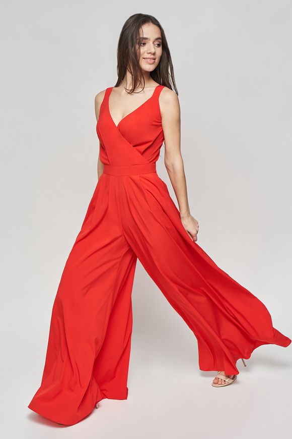 Summer, red jumpsuit with a skirt - pants from BYURSE, 44, Red, Silk, Maxi, Spring Summer, Overalls, Cloth, plain, Overalls, 1 kg, Yes, Ukraine, 95% viscose, 5% elastane, Sleeveless, plain, Wide, With a zipper, V-neck, Casual, jumpsuit pants, With pockets