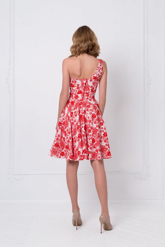 Summer linen dress Rada on one shoulder from BYURSE, 42, Red - white, Linen, Міni, Spring Summer, Sundress, Cloth, Abstract, Dress, 1 kg, Yes, Ukraine, Linen, Sleeveless, Printed, On one shoulder, With a zipper, Bustier, Casual, Dress with full skirt