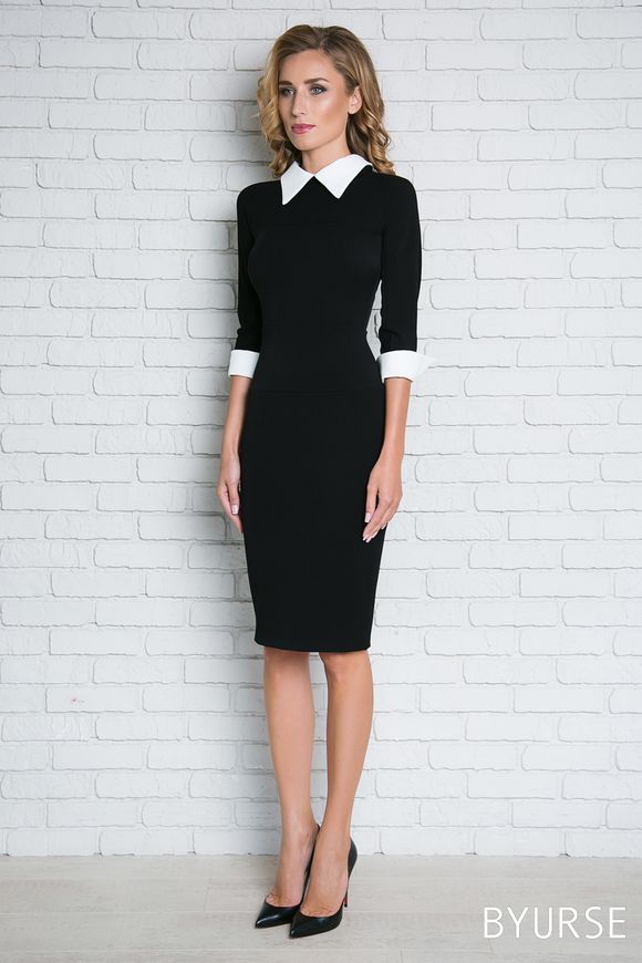 Black dress - sheath Ditt with collar and cuffs BYURSE, 44, The black, Crepe, Midi, Аutumn winter, Office dress, Cloth, Combined, Dress, 1 kg, Yes, Ukraine, 95% wool, 5% elastan, Sleeve 3/4, Two-tone models, tight-fitting, With a zipper, Round neckline, Business, Dresses - case, With a collar, Raglan sleeve