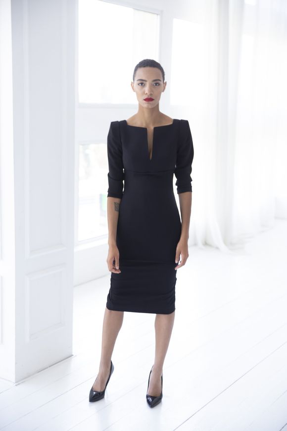 Business, black dress - case Gretta from BYURSE, The black, Diagonal, Midi, Аutumn winter, Office dress, Cloth, plain, Dress, 1 kg, Yes, Ukraine, 95% wool, 5% elastan, Sleeve 3/4, plain, tight-fitting, With a zipper, V-neck, Classical, Dresses - case, with stand