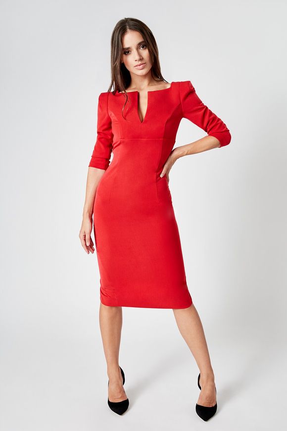 Red dress - case Greta from BYURSE, 48, Red, Crepe, Midi, Аutumn winter, Office dress, Cloth, plain, Dress, 1 kg, Yes, Ukraine, 95% wool, 5% elastan, Sleeve 3/4, plain, tight-fitting, With a zipper, V-neck, Classical, Dresses - case, with stand