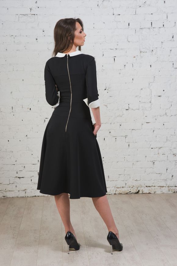 Classic black dress Dita from BYURSE, 44, Black and white, Crepe, Аutumn winter, Office dress, Cloth, plain, Dress, 1 kg, Yes, Ukraine, 95% viscose, 5% elastane, Sleeve 3/4, Two-tone models, flared, With a zipper, Round neckline, Business, Dress with full skirt, With a collar, Raglan sleeve