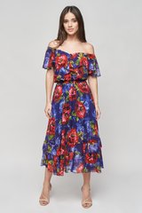 Silk Dress Bethany  by BYURSE, Blue - red, Silk chiffon, Midi, Spring Summer, Cocktail Dresses, Cloth, Floral, Dress, 1 kg, Yes, Ukraine, 95% silk, 5% elastane, Sleeveless, With flounces, off the shoulder, On an elastic band, V-neck, cocktail, Dress with full skirt