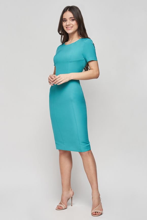 Summer, turquoise dress - case Inga from BYURSE, Turquoise, Crepe, Midi, Spring Summer, Office dress, Cloth, plain, Dress, 1 kg, Yes, Ukraine, 95% viscose, 5% elastane, Short sleeve, plain, tight-fitting, With a zipper, Round neckline, Business, Dresses - case, With a zipper