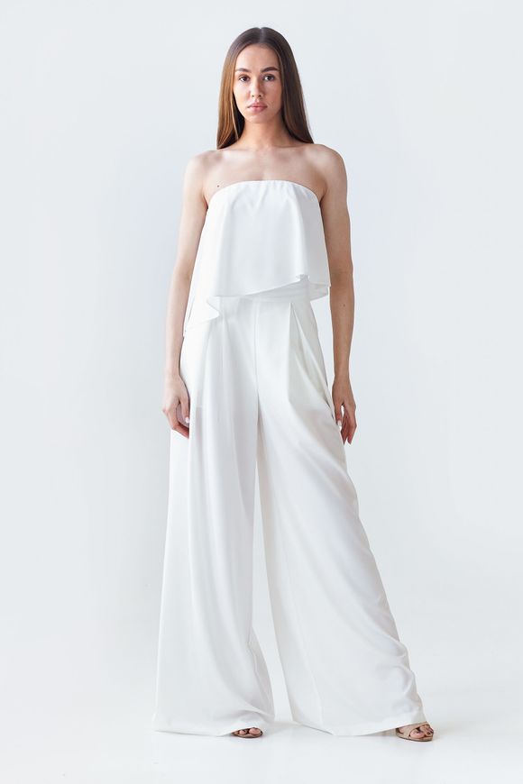 Summer, white overalls Palazzo from BYURSE, White, Dress fabric, Maxi, Spring Summer, Overalls, Cloth, plain, Overalls, 1 kg, Yes, Ukraine, 95% viscose, 5% elastane, Sleeveless, With flounces, Wide, With a zipper, Bustier, Evening, jumpsuit pants