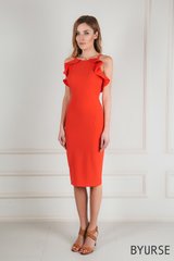 Summer, coral dress with flounces Laura from BYURSE, 48, Coral, Crepe, Midi, Spring Summer, Cocktail Dresses, Cloth, plain, Dress, 1 kg, Yes, Ukraine, 95% viscose, 5% elastane, Sleeveless, With flounces, tight-fitting, With a zipper, Shoulder straps, Romantic, Dresses - case