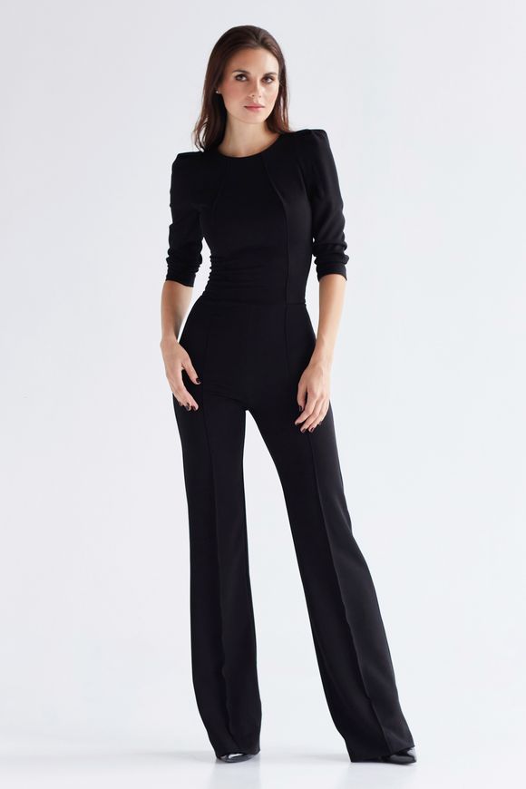 Women's classic black wool jumpsuit from BYURSE, 42, The black, Crepe, Maxi, Аutumn winter, Overalls, Cloth, plain, Overalls, 1 kg, Yes, Ukraine, 95% wool, 5% elastan, Sleeve 3/4, plain, Fitted, With a zipper, Round neckline, Evening, jumpsuit pants