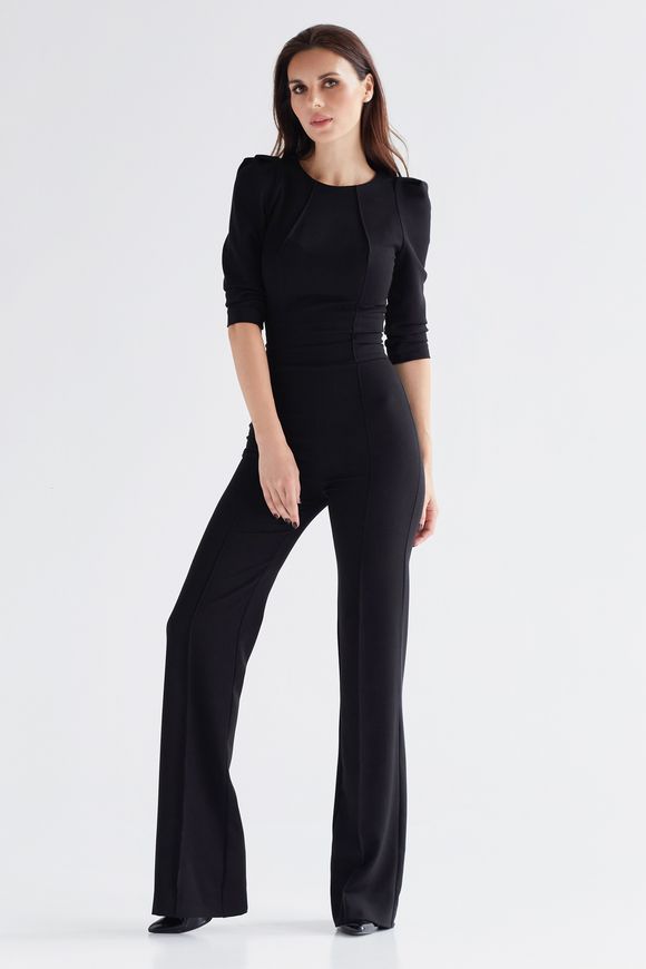Women's classic black wool jumpsuit from BYURSE, 46, The black, Crepe, Maxi, Аutumn winter, Overalls, Cloth, Combined, Overalls, 1 kg, Yes, Ukraine, 95% wool, 5% elastan, Sleeve 3/4, plain, Fitted, With a zipper, Round neckline, Casual, jumpsuit pants