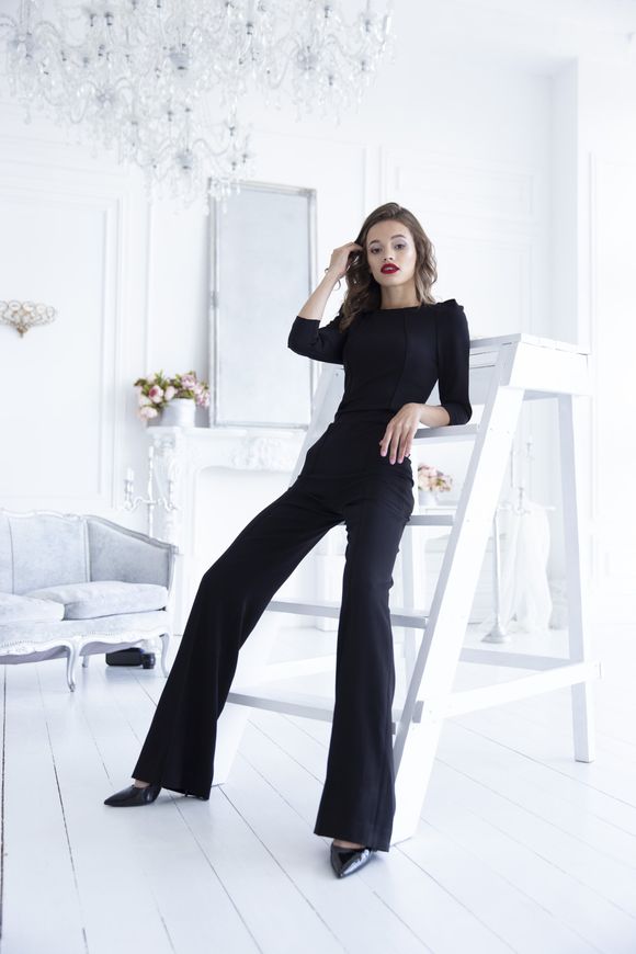 Women's classic black wool jumpsuit from BYURSE, 42, The black, Crepe, Maxi, Аutumn winter, Overalls, Cloth, plain, Overalls, 1 kg, Yes, Ukraine, 95% wool, 5% elastan, Sleeve 3/4, plain, Fitted, With a zipper, Round neckline, Evening, jumpsuit pants