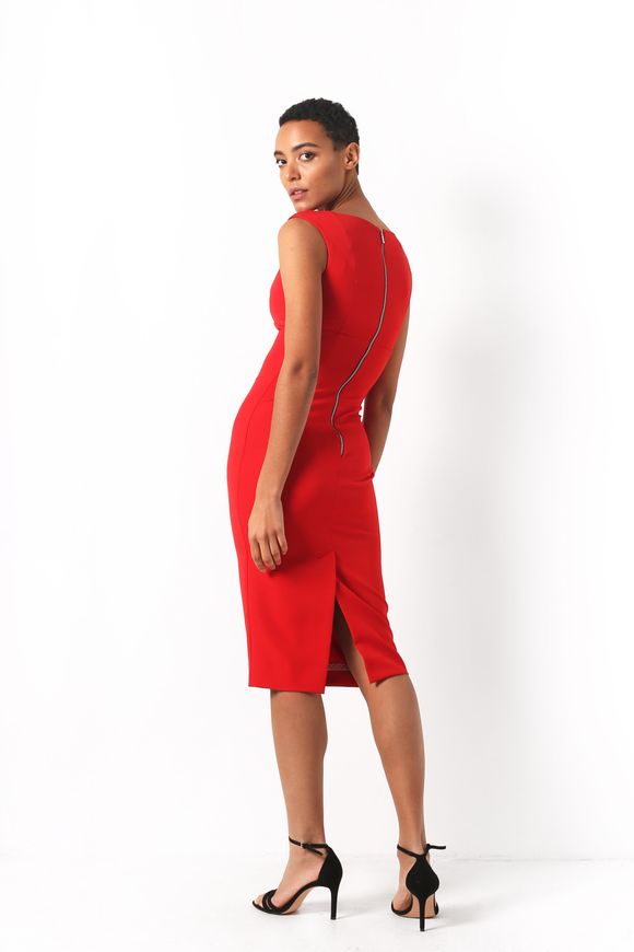 Classic, red dress - case Gretta from BYURSE, 42, Red, Crepe, Midi, Spring Summer, Cocktail Dresses, Cloth, plain, Dress, 1 kg, Yes, Ukraine, 95% viscose, 5% elastane, Sleeveless, plain, tight-fitting, With a zipper, V-neck, Classical, Dresses - case, With a zipper
