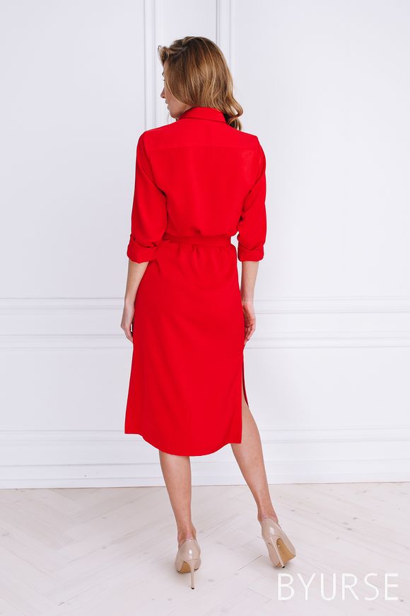 Red Silk Dress - Shirt by BYURSE, 48, Red, Dress fabric, Midi, Оff-season, Casual, Cloth, plain, Dress, 1 kg, Yes, Ukraine, 95% silk, 5% elastane, Long sleeve, Buttons, Direct, Buttoned, Round neckline, Casual, Dresses - shirts