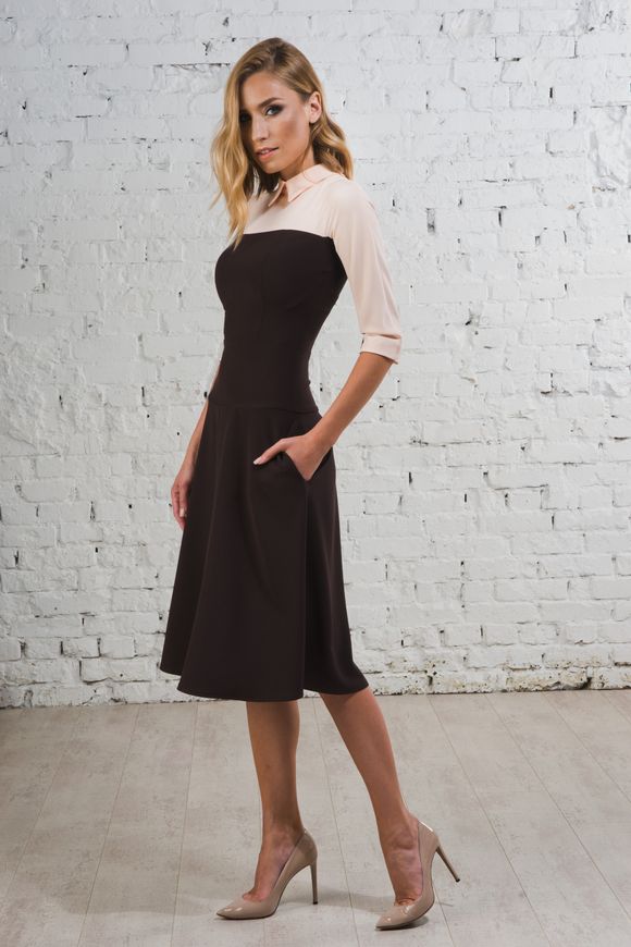 Classic dress Dita from BYURSE, 50, Brown, Crepe, Midi, Аutumn winter, Office dress, Cloth, Abstract, Dress, 1 kg, Yes, Ukraine, 95% viscose, 5% elastane, Sleeve 3/4, Two-tone models, Trapeze, With a zipper, With a collar, Business, Dresses - trapeze, With pockets, Raglan sleeve
