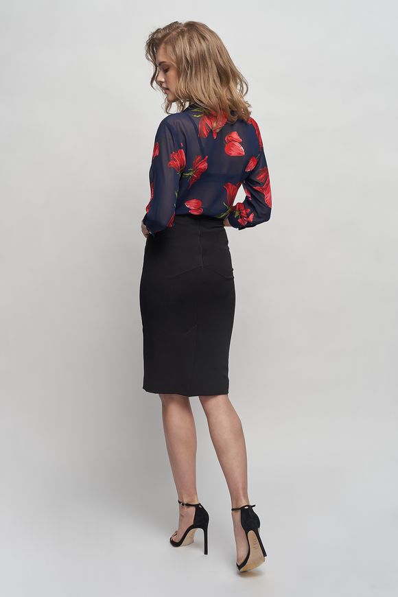 Women's silk shirt in floral print from BYURSE, Blue - red, Silk chiffon, Оff-season, Blouses, Cloth, Floral, Blouses/tops, 1 kg, Yes, Ukraine, 95% silk, 5% elastane, Sleeve 3/4, Printed, oversize, Buttoned, Round neckline, Business, With a collar