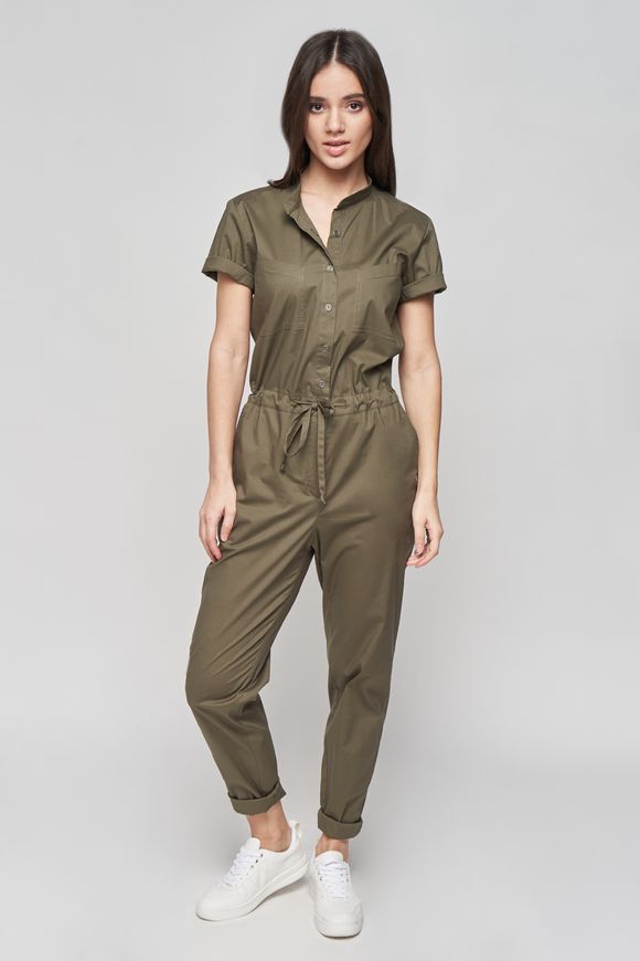 Khaki summer jumpsuit made of cotton Smart casual from BYURSE, 42, Khaki, Cotton, Maxi, Spring Summer, Overalls, Cloth, plain, Overalls, 1 kg, Yes, Ukraine, 95% cotton, 5% elastan, Short sleeve, plain, oversize, Buttoned, Casual, jumpsuit pants, With pockets
