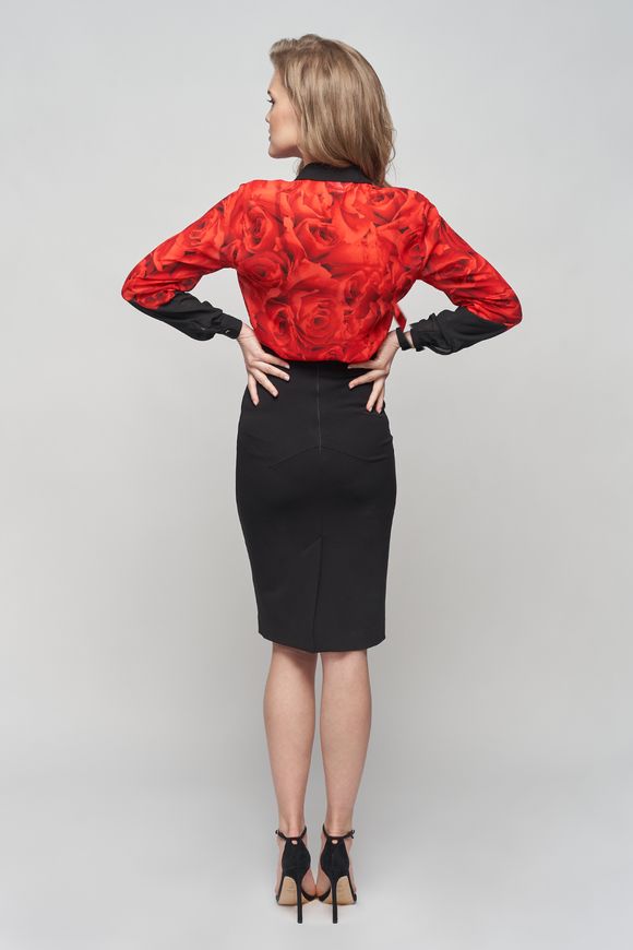 Classic silk blouse in floral print by BYURSE, Red - black, Silk chiffon, Оff-season, Blouses, Cloth, Floral, Blouses/tops, 1 kg, Yes, Ukraine, 95% silk, 5% elastane, Long sleeve, Printed, oversize, Buttoned, Round neckline, Business, With a collar