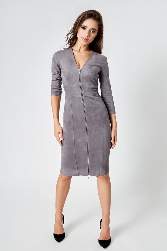 Suede dress - case with a zipper Pamela from BYURSE, Graphite, Textile suede, Midi, Аutumn winter, Office dress, Cloth, plain, Dress, 1 kg, Yes, Ukraine, Текстильный замш, Sleeve 3/4, plain, tight-fitting, With a zipper, V-neck, Business, Dresses - case, With a zipper