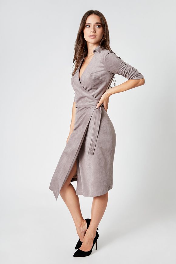 Suede dress Ember  by BYURSE, 42, gray, Textile suede, Midi, Аutumn winter, Office dress, Cloth, plain, Dress, 1 kg, Yes, Ukraine, Текстильный замш, Sleeve 3/4, With belt, asymmetrical, With smell, V-neck, Business, Wrap dresses, With a collar