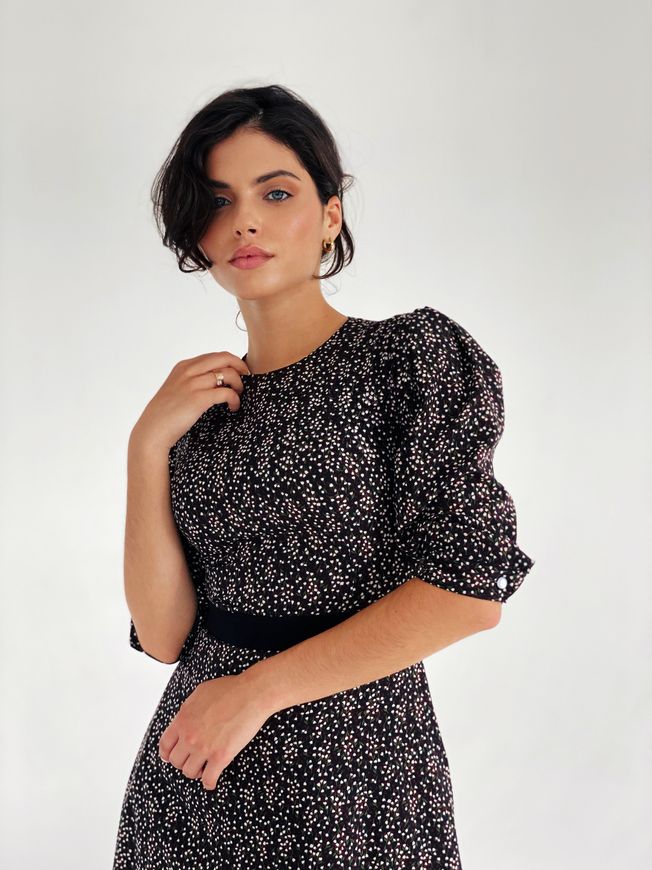 Karen print dress, Print, Dress fabric, Midi, Оff-season, Dresses, Cloth, Floral, Dress, 1 kg, Yes, Ukraine, 95% viscose, 5% elastane, Sleeve 3/4, Printed, flared, With a zipper, Round neckline, Casual, Dresses - trapeze, With pockets, Puff sleeves