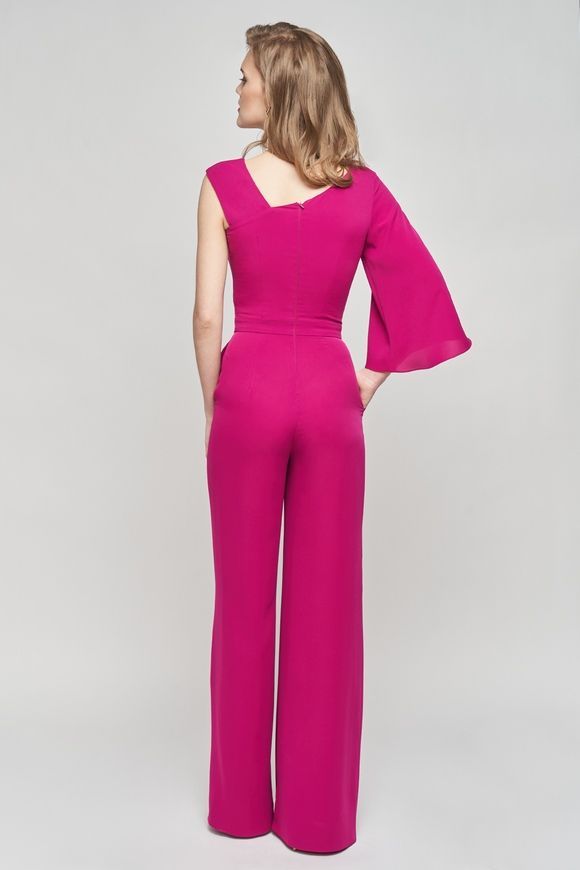 Cocktail jumpsuit fuchsia from BYURSE, Fuchsia, Dress fabric, Midi, Spring Summer, Overalls, Cloth, plain, Overalls, 1 kg, Yes, Ukraine, 95% silk, 5% elastane, 1 sleeve, plain, Fitted, With a zipper, Asymmetrical cut, Evening, jumpsuit pants, With pockets