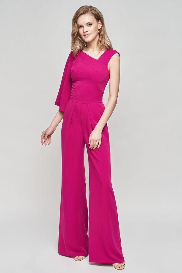 Cocktail jumpsuit fuchsia from BYURSE, Fuchsia, Dress fabric, Midi, Spring Summer, Overalls, Cloth, plain, Overalls, 1 kg, Yes, Ukraine, 95% silk, 5% elastane, 1 sleeve, plain, Fitted, With a zipper, Asymmetrical cut, Evening, jumpsuit pants, With pockets