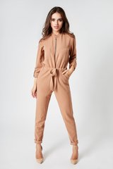 BYURSE Women's Beige Long Sleeve Jumpsuit Smart Casual, Beige, Costume fabric, Maxi, Аutumn winter, Overalls, Cloth, plain, Overalls, 1 kg, Yes, Ukraine, 95% wool, 5% elastan, Long sleeve, With belt, oversize, With a zipper, Casual, jumpsuit pants, With pockets