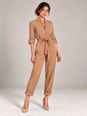 BYURSE Women's Beige Long Sleeve Jumpsuit Smart Casual, 42, Beige, Costume fabric, Maxi, Аutumn winter, Overalls, Cloth, plain, Overalls, 1 kg, Yes, Ukraine, 95% wool, 5% elastan, Sleeve 3/4, With belt, oversize, With a zipper, Casual, jumpsuit pants, With pockets