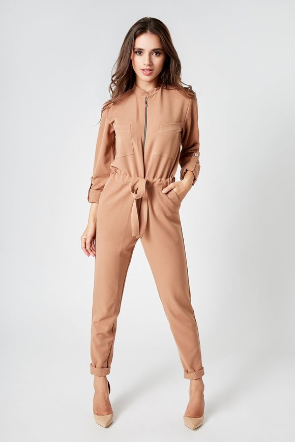 BYURSE Women's Beige Long Sleeve Jumpsuit Smart Casual, 42, Beige, Costume fabric, Maxi, Аutumn winter, Overalls, Cloth, plain, Overalls, 1 kg, Yes, Ukraine, 95% wool, 5% elastan, Sleeve 3/4, With belt, oversize, With a zipper, Casual, jumpsuit pants, With pockets
