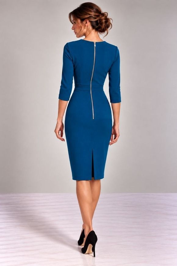 Business, woolen dress - case Emma from BYURSE, 44, Sea wave, Crepe, Midi, Аutumn winter, Office dress, Cloth, plain, Dress, 1 kg, Yes, Ukraine, 95% wool, 5% elastan, Sleeve 3/4, plain, tight-fitting, With a zipper, Round neckline, Business, Dresses - case, With a zipper