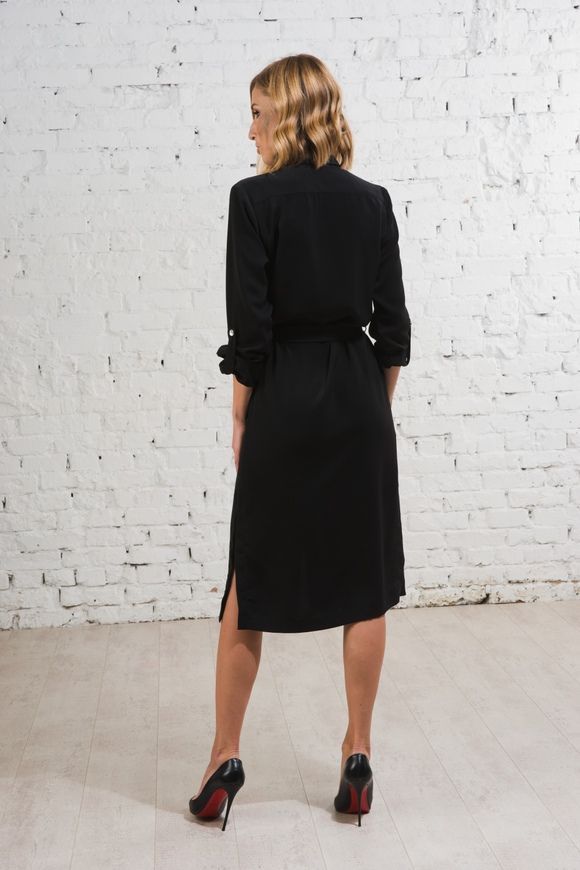 Silk, black dress - shirt from BYURSE, 42, The black, Dress fabric, Midi, Оff-season, Office dress, Cloth, plain, Dress, 1 kg, Yes, Ukraine, 95% silk, 5% elastane, Long sleeve, Buttons, Direct, Buttoned, Round neckline, Business, Dresses - shirts