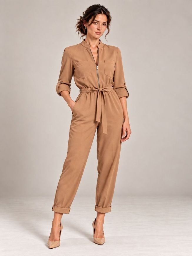 Женский, бежевый комбинезон с длинным рукавом Smart casual от BYURSE, 42, Бежевый, Костюмная ткань, Макси, Осень-зима, Комбинезоны, Одежда, Однотонный, Комбинезоны, 1кг., Да, Украина, 95% шерсть, 5% еластан, Рукав 3/4, С поясом, Оверсайз, На молнии, Повседневный, Комбинезон брюки, С карманами