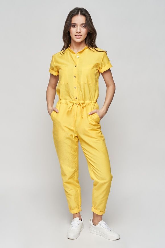 Літній, жовтий комбінезон із бавовни Smart casual від BYURSE, 40, Жовтий, Коттон, Максі, Весна - літо, Комбінезони, Одяг, Однотонний, Комбінезоні, 1 кг., Да, Україна, 95% бавовна, 5% еластан, Короткий рукав, Однотонні, Оверсайз, На ґудзиках, Повсякденний, Комбінезон штани, З кишенями