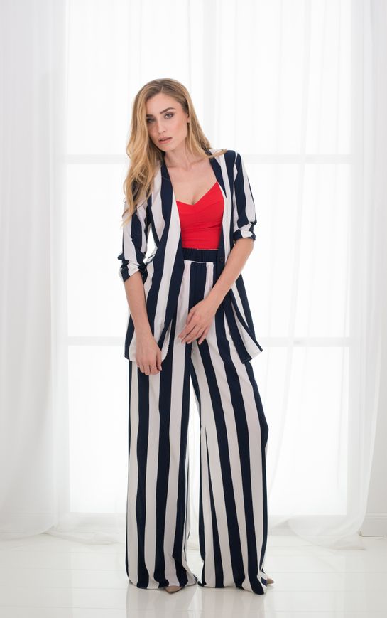 Summer suit with stripes, 44, White - blue, Dress fabric, Maxi, Spring Summer, Costume, Cloth, Strip, Suit with trousers, 1 kg, Yes, Ukraine, 95% viscose, 5% elastane, Long sleeve, Buttons, oversize, On an elastic band, V-neck, Casual, Direct, oversize