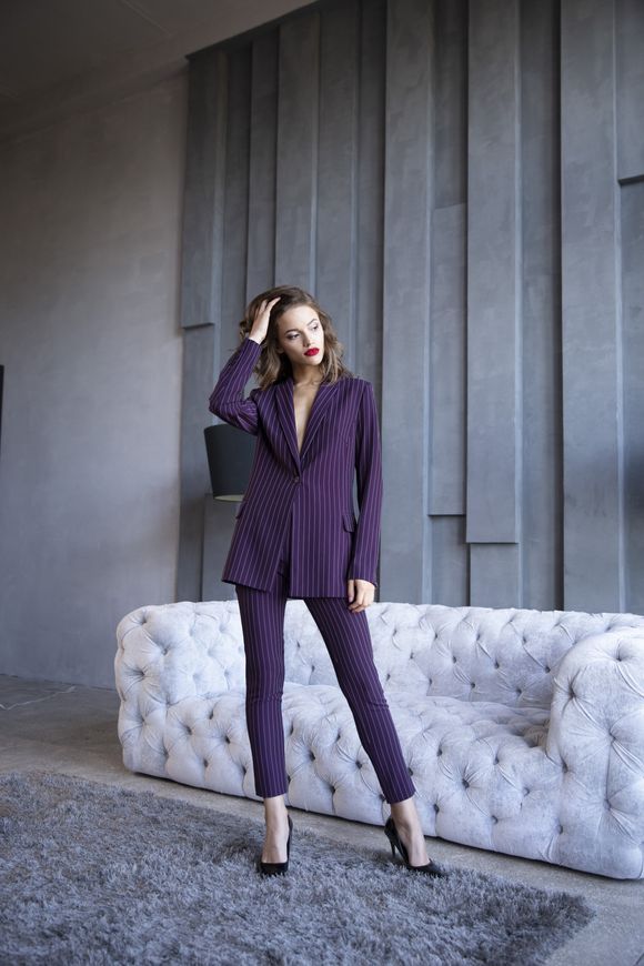 Women's striped trouser suit from BYURSE, 42, Marsala, Costume fabric, Оff-season, Suit classic, Cloth, Strip, Suit with trousers, 1 kg, Yes, Ukraine, 95% viscose, 5% elastane, Long sleeve, Buttons, Direct, Buttoned, Business, Direct, Direct