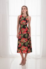Summer dress Valerie from BYURSE, The black, Dress fabric, Midi, Spring Summer, Dresses, Cloth, Floral, Dress, 1 kg, Yes, Ukraine, 95% viscose, 5% elastane, Sleeveless, Printed, flared, With a zipper, Round neckline, Casual, Dress with full skirt