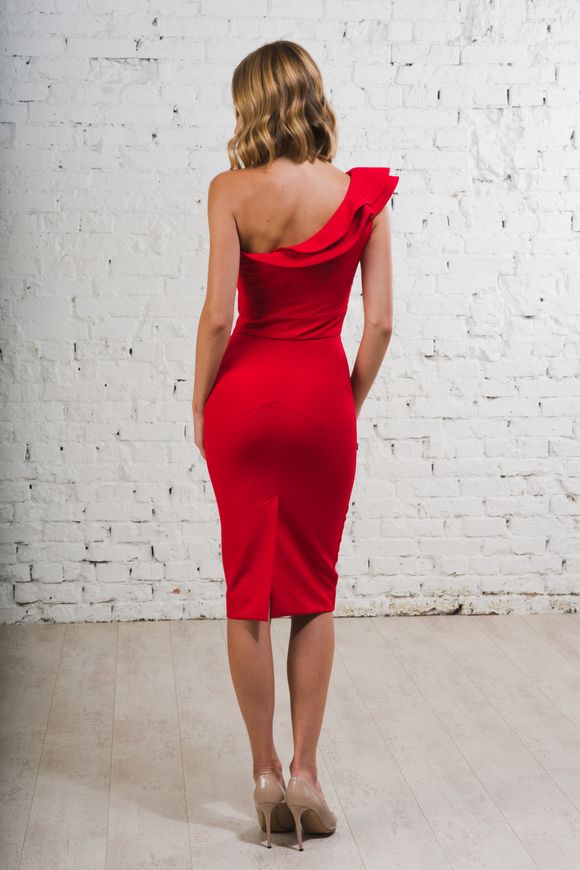 Cocktail, red dress - case with flounces Elena from BYURSE, Red, Crepe, Midi, Оff-season, Cocktail Dresses, Cloth, plain, Dress, 1 kg, Yes, Ukraine, 95% viscose, 5% elastane, Sleeveless, With flounces, tight-fitting, With a zipper, Asymmetrical cut, cocktail, Dresses - case