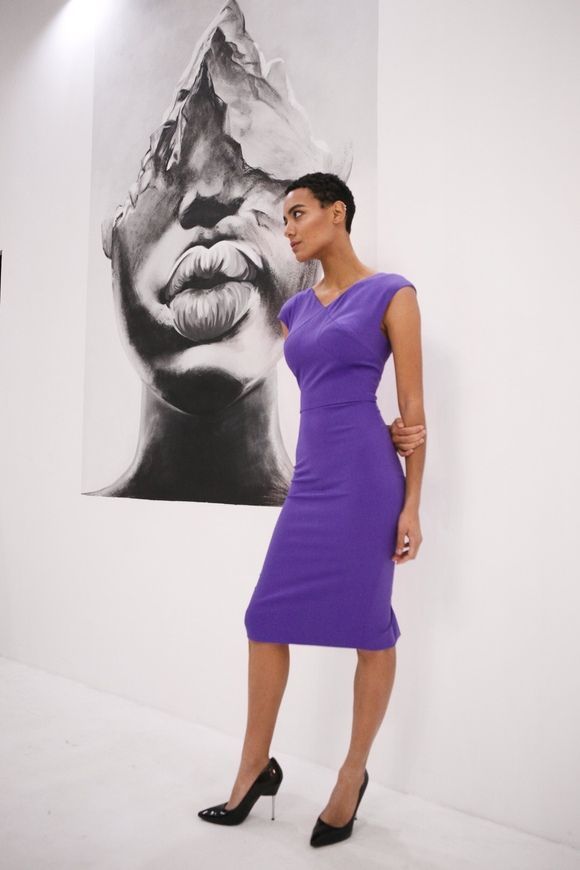 Summer sheath dress Hanna from BYURSE, Lilac, Crepe, Midi, Spring Summer, Office dress, Cloth, plain, Dress, 1 kg, Yes, Ukraine, 95% viscose, 5% elastane, Sleeveless, plain, tight-fitting, With a zipper, V-neck, Business, Dresses - case, With a zipper