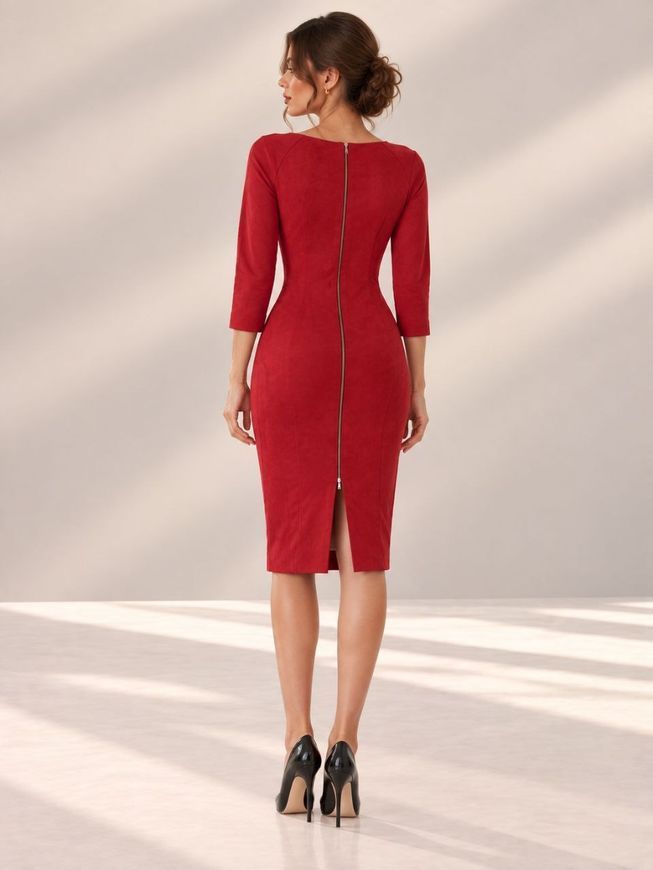 Red suede dress - case Stella BYURSE, Red, Textile suede, Midi, Аutumn winter, Cocktail Dresses, Cloth, plain, Dress, 1 kg, Yes, Ukraine, Текстильный замш, Sleeve 3/4, plain, tight-fitting, With a zipper, Boat neckline, Classical, Dresses - case, With a zipper, Raglan sleeve