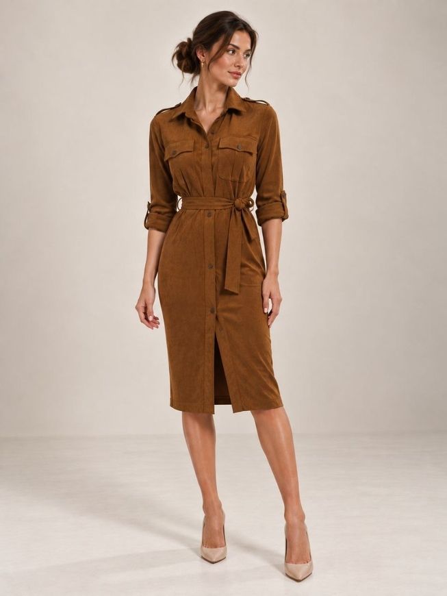 Suede dress - shirt from BYURSE, Titian, Textile suede, Midi, Оff-season, Office dress, Cloth, plain, Dress, 1 kg, Yes, Ukraine, Текстильный замш, Long sleeve, With belt, Direct, Buttoned, Round neckline, Casual, Dresses - shirts