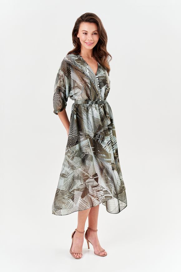 May's summer silk dress by BYURSE, Print, Silk chiffon, Midi, Spring Summer, Casual, Cloth, Abstract, Dress, 1 kg, Yes, Ukraine, 95% silk, 5% elastane, Sleeve 3/4, Buttons, asymmetrical, On an elastic band, V-neck, Casual, Dress with full skirt