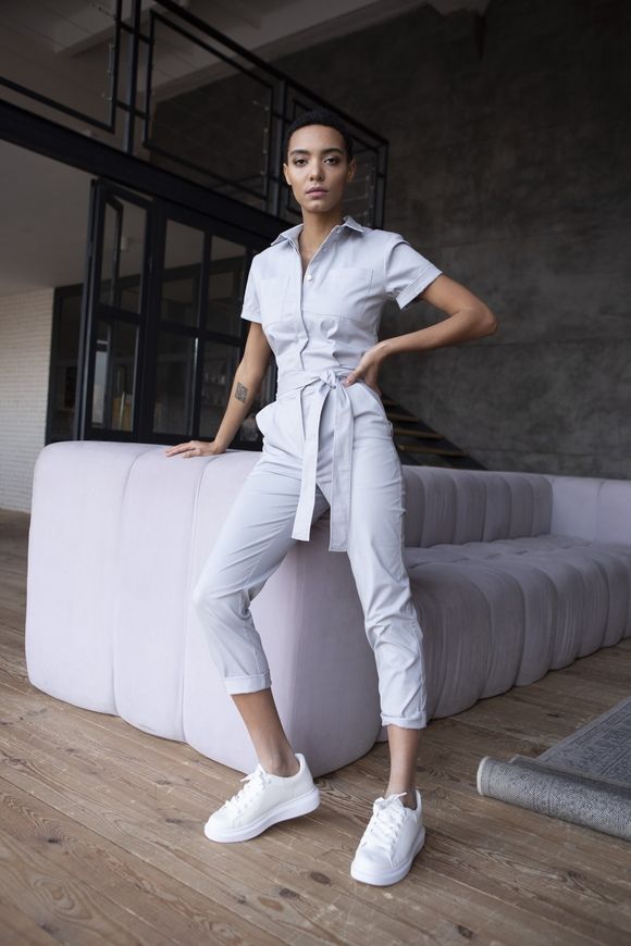Summer jumpsuit made of cotton Smart casual from BYURSE, gray, Cotton, Maxi, Spring Summer, Overalls, Cloth, Strip, Overalls, 1 kg, Yes, Ukraine, 95% cotton, 5% elastan, Short sleeve, plain, Fitted, Buttoned, Casual, jumpsuit pants, With pockets