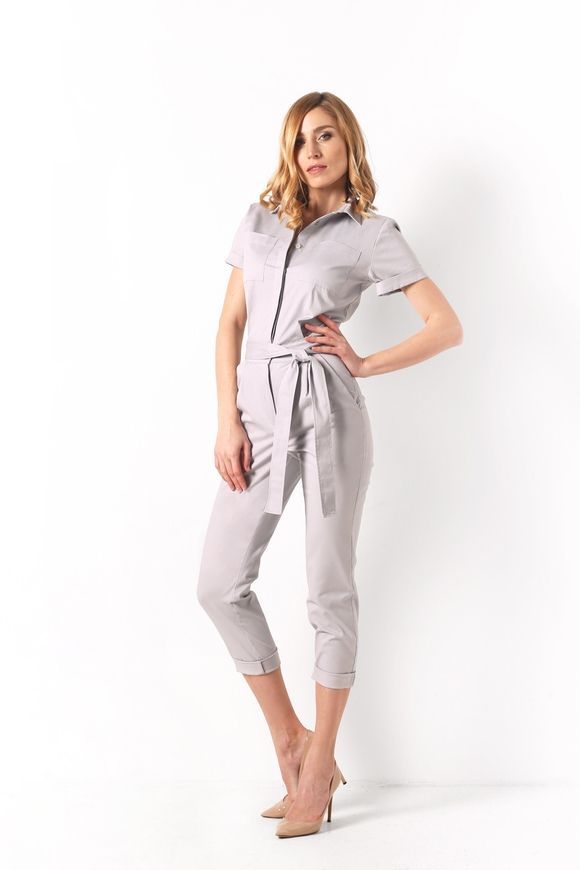 Summer jumpsuit made of cotton Smart casual from BYURSE, gray, Cotton, Maxi, Spring Summer, Overalls, Cloth, Strip, Overalls, 1 kg, Yes, Ukraine, 95% cotton, 5% elastan, Short sleeve, plain, Fitted, Buttoned, Casual, jumpsuit pants, With pockets