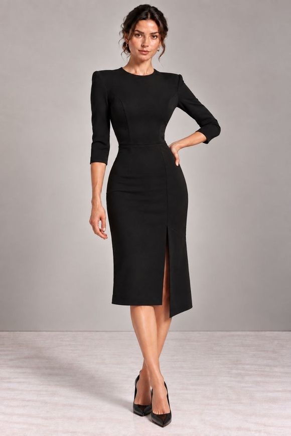 Business, black dress - a case with a sleeve Dominique from BYURSE, The black, Costume fabric, Midi, Аutumn winter, Office dress, Cloth, plain, Dress, 1 kg, Yes, Ukraine, 95% wool, 5% elastan, Sleeve 3/4, plain, tight-fitting, With a zipper, Round neckline, Business, Dresses - case, With a slit