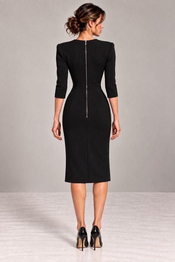 Business, black dress - a case with a sleeve Dominique from BYURSE, The black, Costume fabric, Midi, Аutumn winter, Office dress, Cloth, plain, Dress, 1 kg, Yes, Ukraine, 95% wool, 5% elastan, Sleeve 3/4, plain, tight-fitting, With a zipper, Round neckline, Business, Dresses - case, With a slit